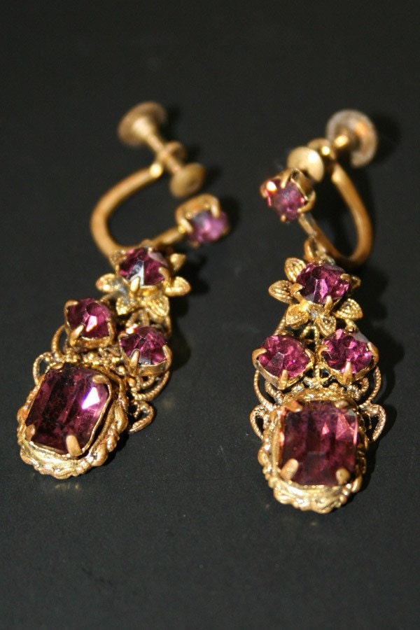 Antique Amethyst Screw Back earrings Signed CZECHOSLOVAKIA