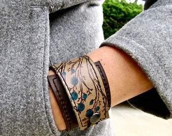 Leather Cuff Wrap Bracelet, Twiggy Print & Olive Taupe, Adjustable Size, * SALE * Coupon Codes