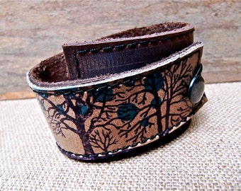 Leather Cuff Bracelet Wrap, Tree Silhouette Print in Brown & Olive Taupe, Adjustable Size * SALE * Coupon Codes