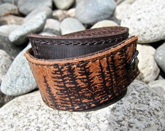 Leather Cuff Bracelet Wrap, Wilderness Pine Tree Print in Brown & Sienna