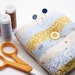 Sale Large Patchwork Pincushion, Handmade Linen Pincushion, Blue Pin Keep, Gold Needle Keeper, Sewing Supply, Quilter Gift, Patchwork Zakka