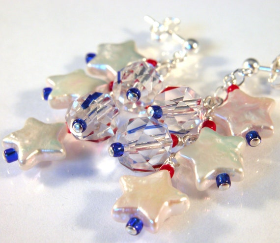 Red, White, Blue star pearl, crystal, sterling earrings
