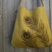 Hemp Handbag / Tote Bag / Hobo with Peacock Feathers - Deep Golden Mustard - SALE 15% OFF