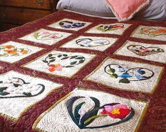 Queen Coverlet Sized Appliqued Quilt with Heart and Flower Motif