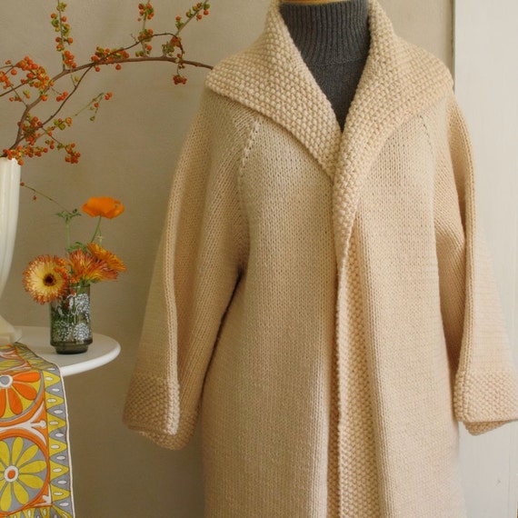 Vintage Sweater Coat Cream Wool Hand Knit Super Thick Styling