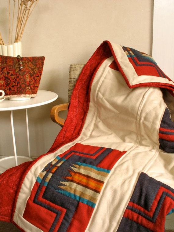Pendleton Wool Quilt Native American Print Red White All Wool