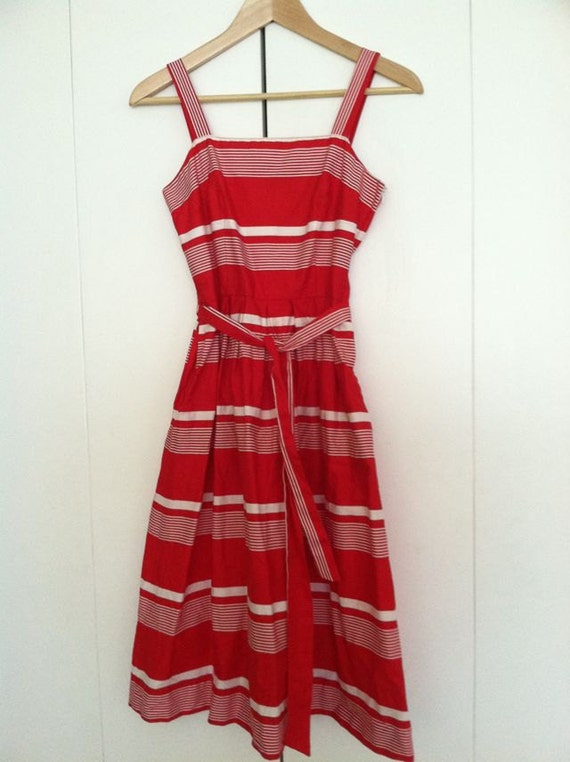 Vintage Red and White striped tea length dress by PolkaFan on Etsy