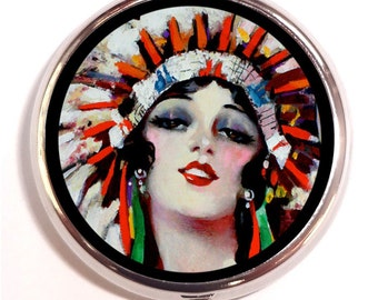 Native American Pill Box Pillbox Case Indian Woman in Headdress Art Nouveau Art Deco Flapper Trinket Box Vitamin Holder Tribal Art