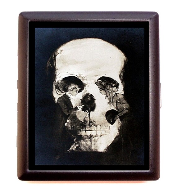 Victorian Skull Illusion Metamorphic Two Women Cigarette or Business Card Case or Metal ID wallet
