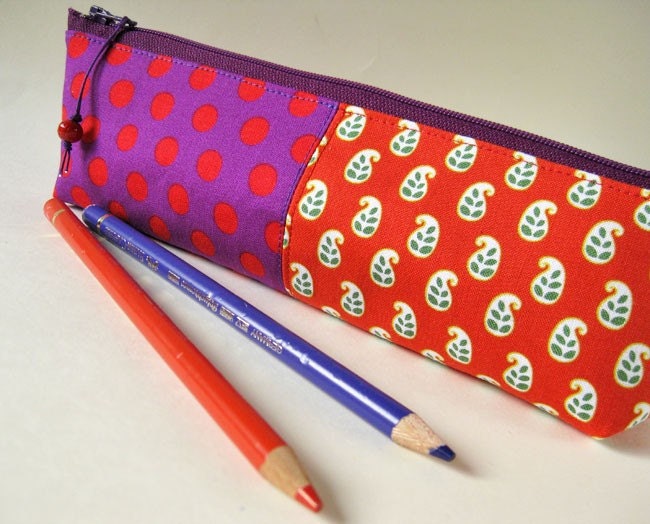 Pencil case red polka dots and paisley