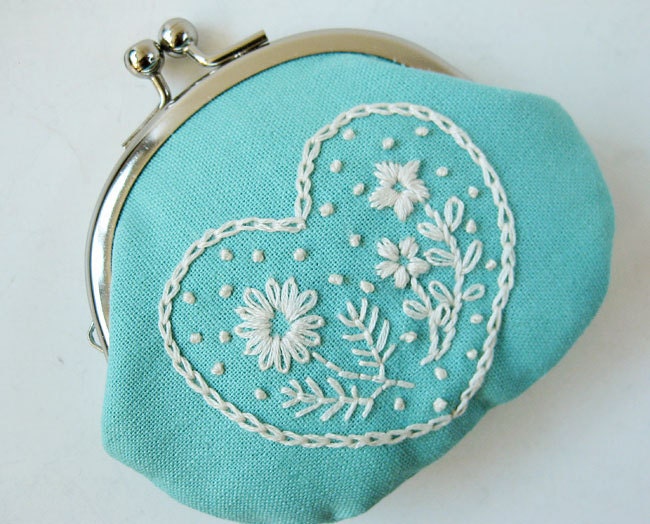 Handmade coin purse embroidered heart flowers on aqua by oktak