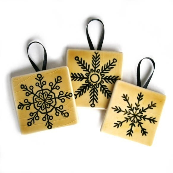 Snowflakes - Ornaments in Goldenrod - Set of 3 Handmade Ceramic Tile Ornaments for your tree.