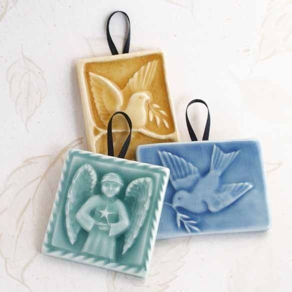 Angel with Star - Bird of Peqace, Bird on Branch - Trio of handmade ceramic tile ornaments - handmade ornaments or window decorations
