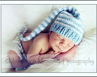 Newborn Knit Baby Boy Hat BaBY PHoTO PRoP Long Tail Stocking Cap PiXiE BeANiE Blue White Stripe MuNCHKiN Hat CoMINg HoME Toque Pick Colors
