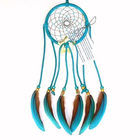 Teal 4 Ring Dream Catcher With Macaw Feathers by ArizonaDreams