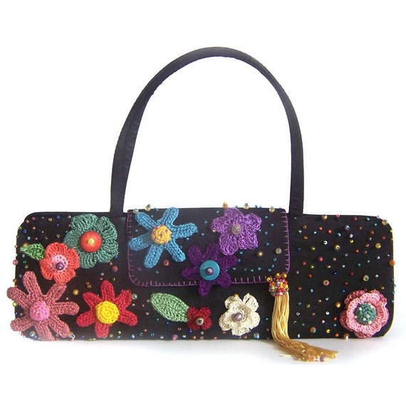 Basic Black Party Purse Adorned with Crocheted Flowers and