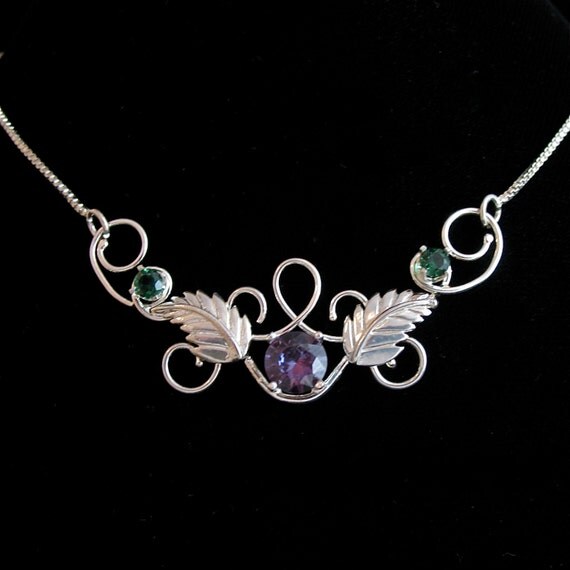 Renaissance Leaf Pendant Necklace with Lab Emerald and