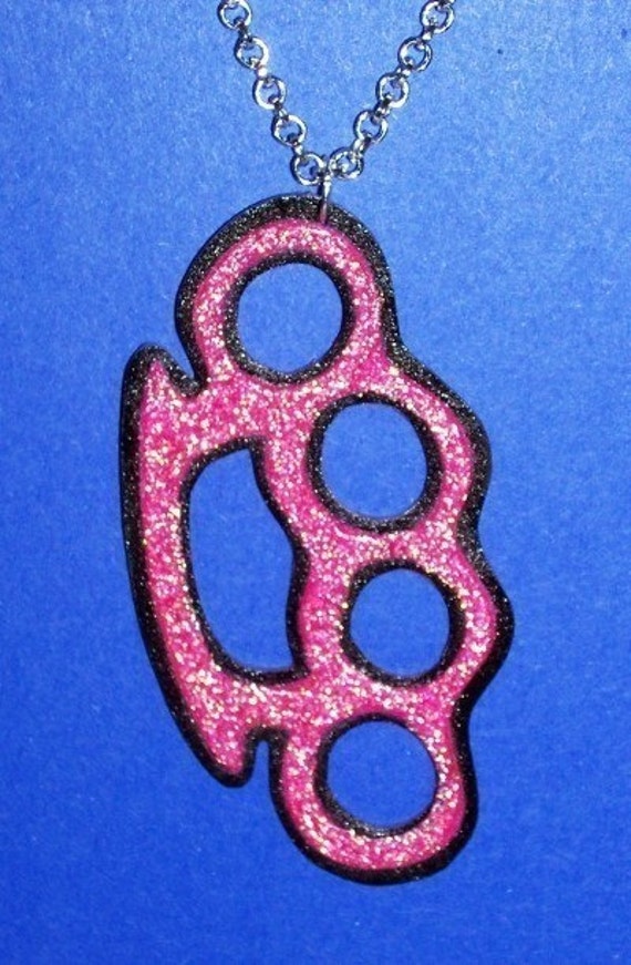 pink glitter brass knuckles tough girl necklace by artallnight