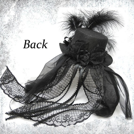 Black Victorian MINI TOP HAT..... Black Feathers Lace and