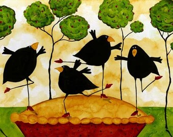 Crow Blackbird Raven Pie Dancing Debi Hubbs Folk Art Whimsical Kitchen