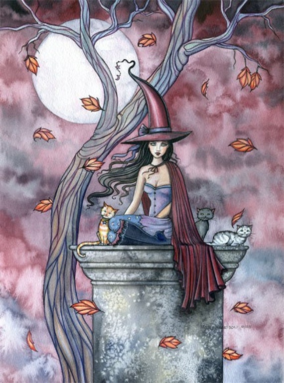 Witch Cat Autumn Fine Art Print by Molly Harrison 'Winds