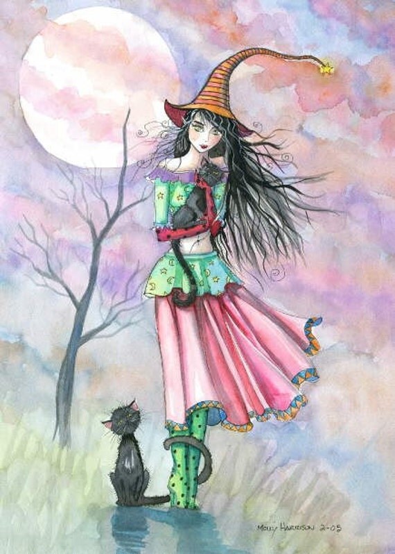 Witch Tabby Cats Autumn Fine Art Print by Molly Harrison