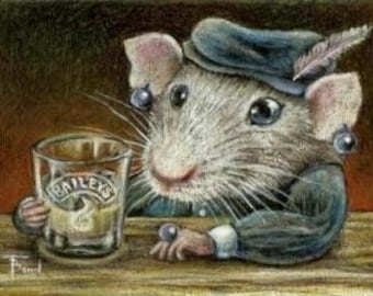 Patricia the rat drinking Baileys on a quiet night out - 5x7 print of an original drawing by Tanya Bond