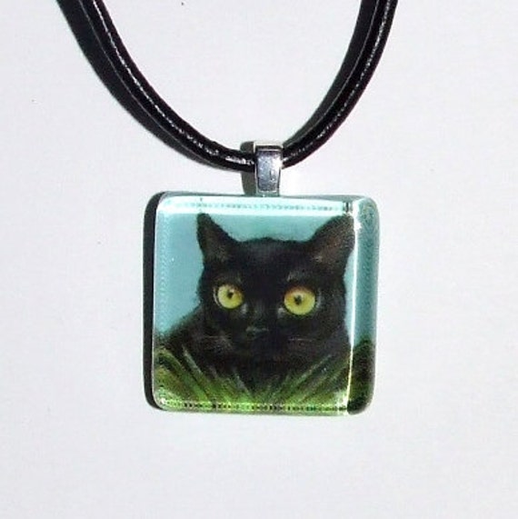 Black pendant    painting  necklace glass glass tile art   wearable black tile square kitty