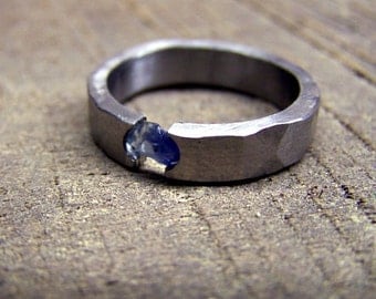 Titanium Ring, Sapphire Ring, Wedding Ring, Engagement Ring, Mens Ring, Womens Ring, Tension Set Ring, Engraved Ring, Wedding Band, Unique