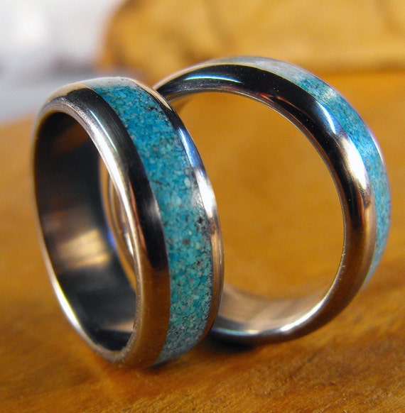 Titanium and Turquoise Inlay Wedding Band Set custom by RobandLean