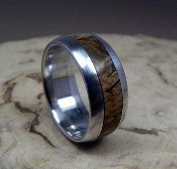 Wood Ring Aluminum and Black Ash Burl Inlay Ring by RobandLean