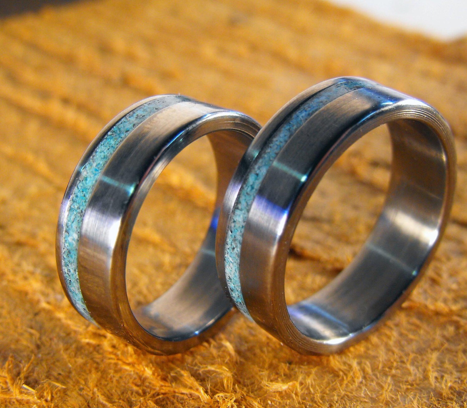 Titanium Wedding Band Set with Offset Turquoise by RobandLean