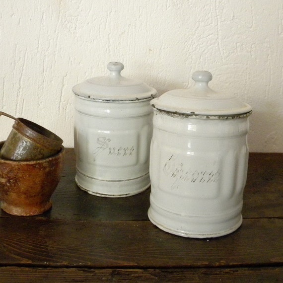 Two vintage French country enamel canisters by lapomme on Etsy