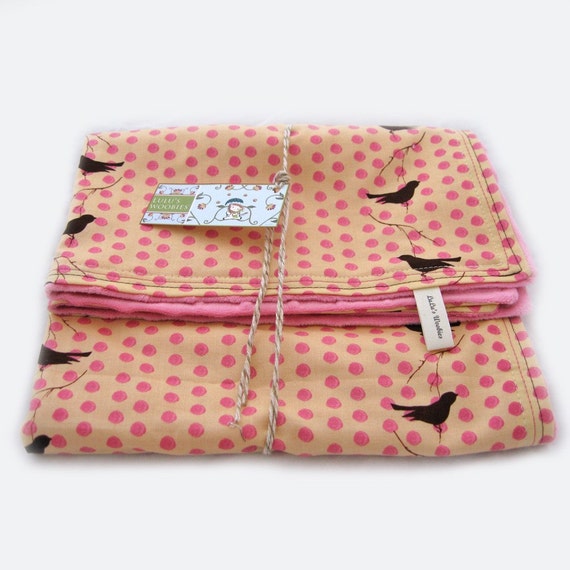 Baby Woobie Blanket Polka Dots Chocolate Birds on Pink Minky