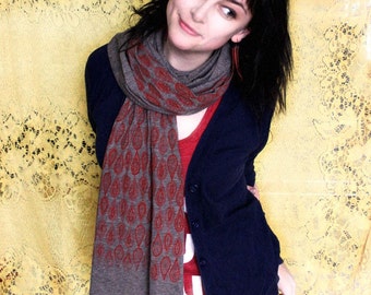 Screen Printed Jersey Scarf in Tri-Coffee with Red Line Drops Print