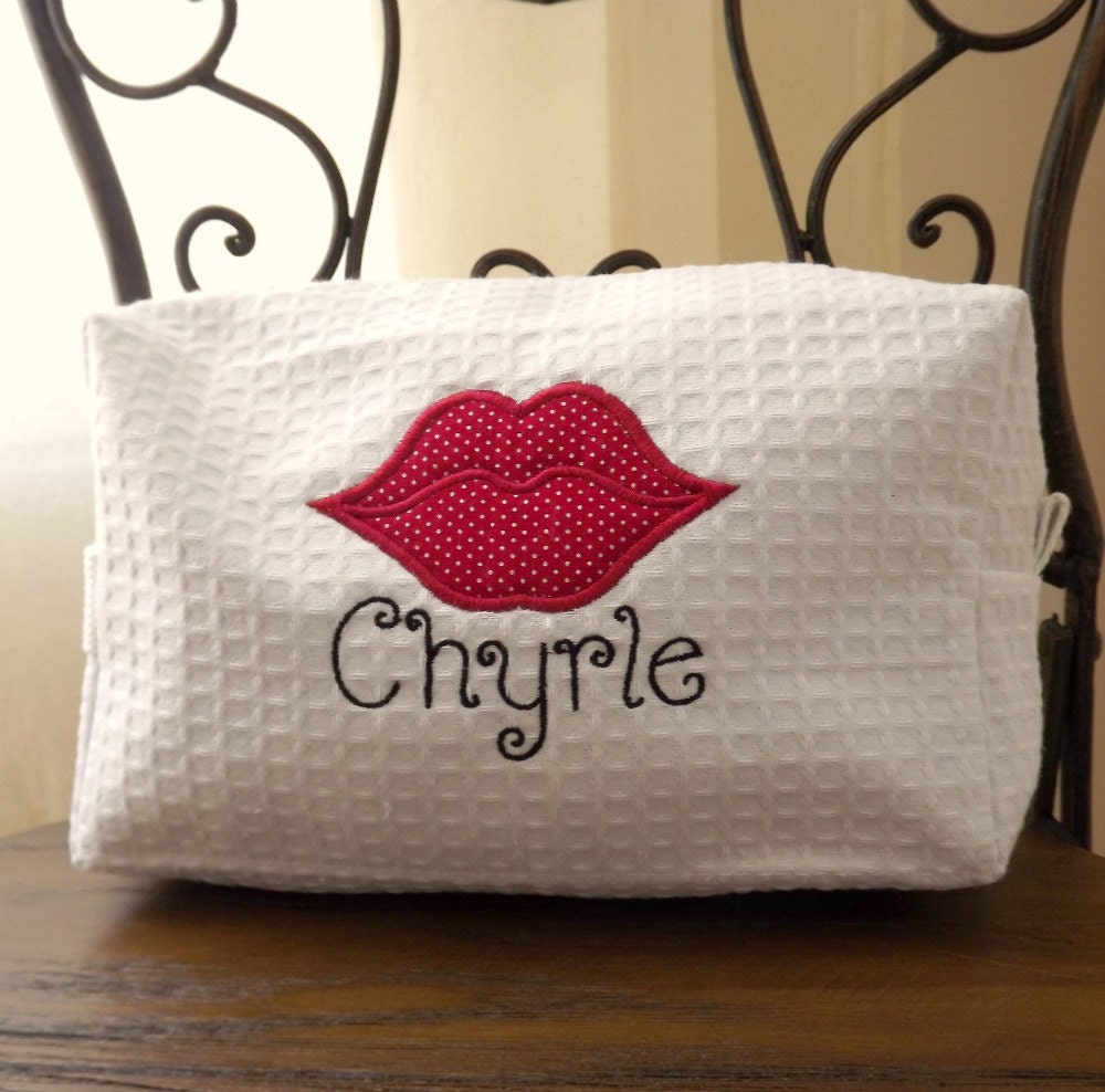 Large Cosmetic Bag Personalized Lips by UptownMonogramShop