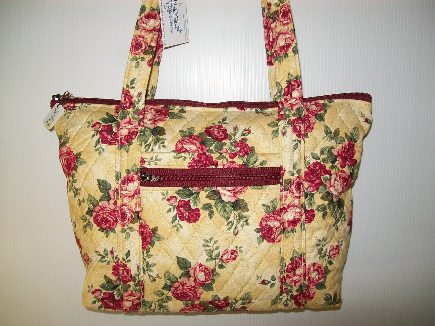 Quilted Fabric Handbag Purse Beige With Beautiful Roses