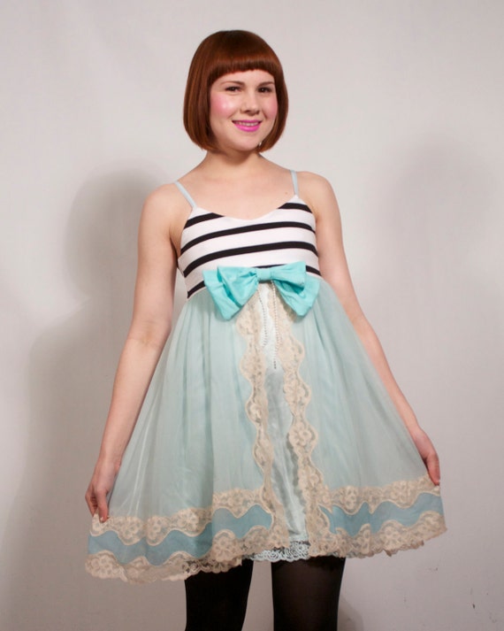 Baby Blue and Stripes Lacy Babydoll Dress