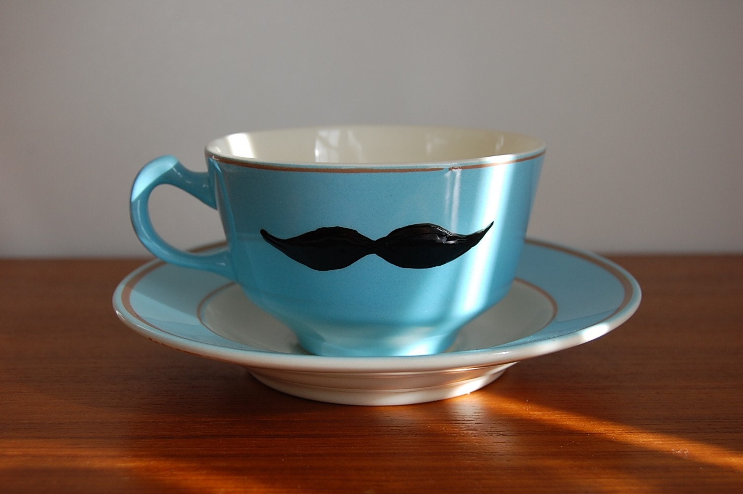 Moustache Tea Cup and Saucer Cheerful Blue