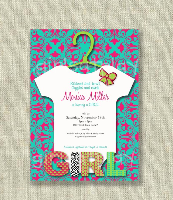 Baby Shower Girl Invitation Damask Bow Onesie Tuquoise Blue and Pink Printable - by girls at play Il_570xn