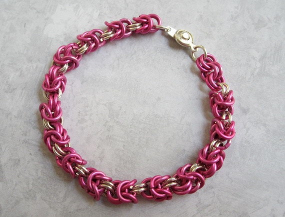 ... chain maille bracelet in fuchsia with sterling silver jump rings. Gift