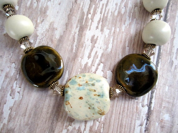 Kazuri beads and Swarovski crystal necklace in brown by caramia