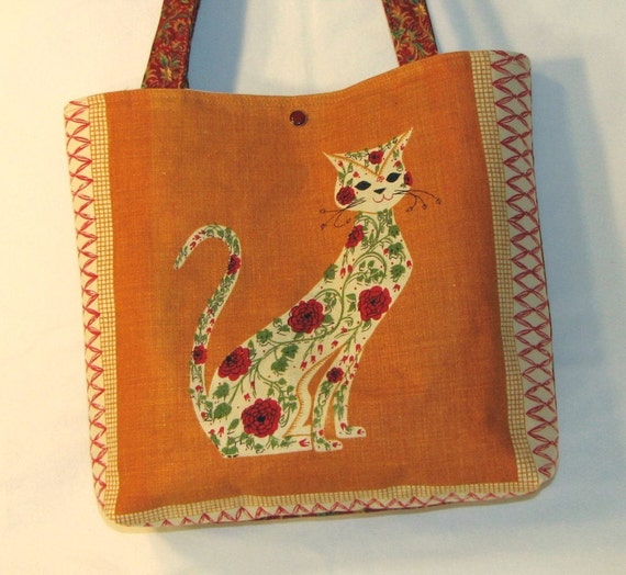 Siamese Cat Vintage Linen Tea Towel purse tote bag by bagsbyapril