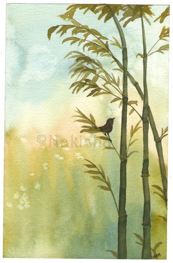 Original Watercolor Bamboo Painting Brown Wren in the Bamboo