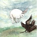 Original Watercolor Crow Painting - Rabbit and Crow Playing