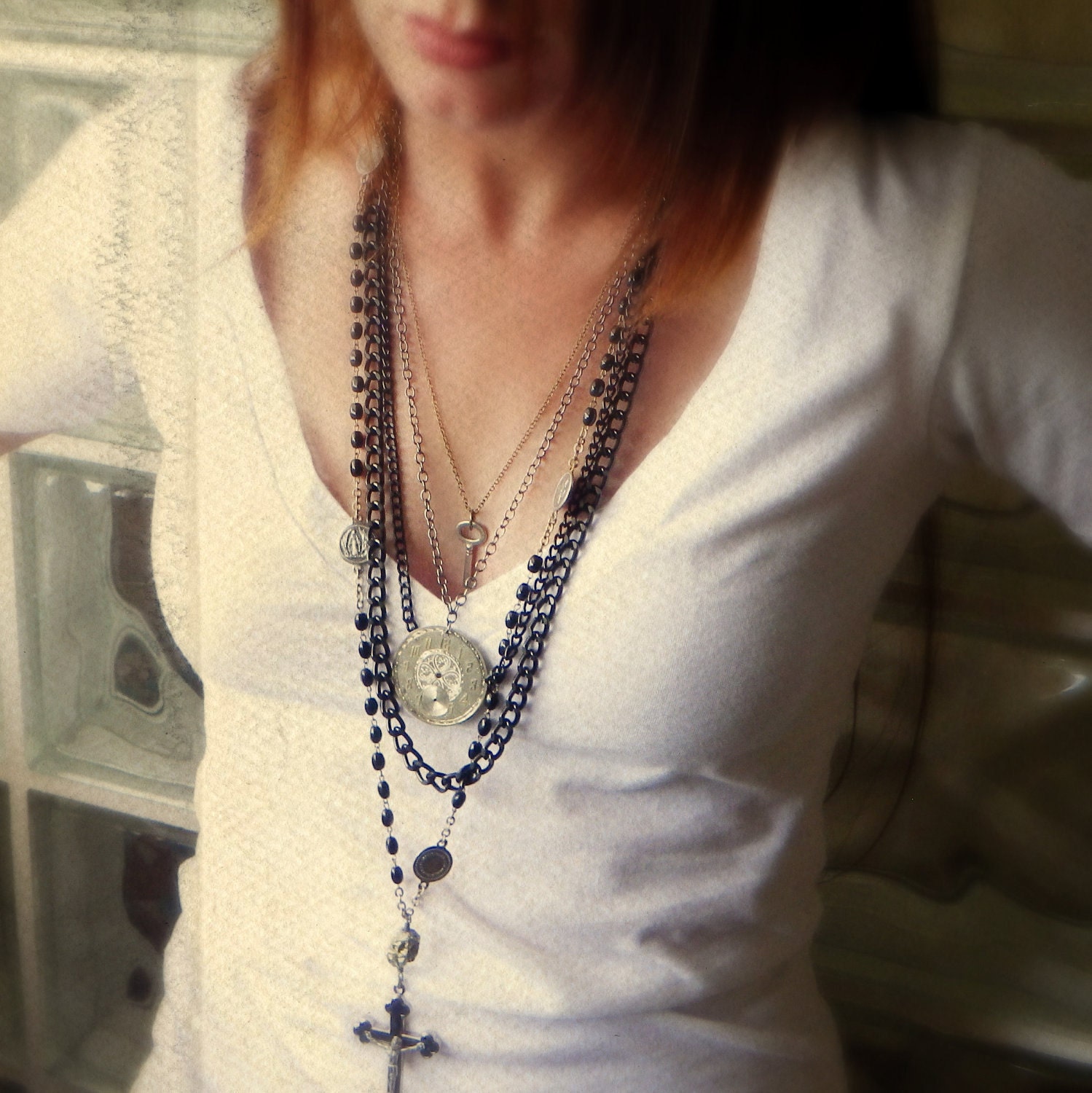 long rosary necklace black layered multi strand vintage
