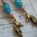 Gold Seahorse Earrings with Turquoise Beads, Pink Accents, Beach, Ocean, Summer