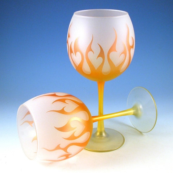 Items similar to Tribal Flames Wine Glasses Frosted and Painted