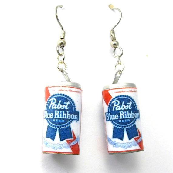 Pabst Blue Ribbon Beer Earrings on surgical stainless steel