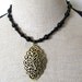 Victorian Black Stone Choker Necklace with Antique Gold Floral Pattern Metal Pendant, Edwardian Jewelry golden fern large oxidized night